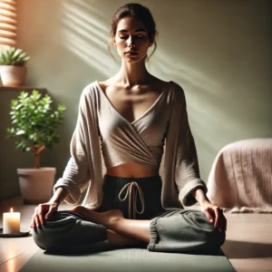 A yoga practitioner sits cross-legged on a yoga mat, eyes closed, and practicing Kapalbhati pranayama in a calm, peaceful setting. The person is wearing loose, comfortable clothing, with a slight contraction in the abdomen indicating forceful exhalation. The background is minimalistic, with natural light filtering into the room, and a potted plant adds to the tranquil atmosphere.